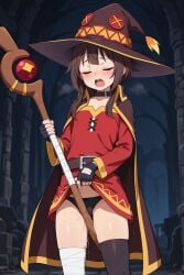 ai_generated breathtaker cameltoe cape closed_eyes dress dress_lift dungeon fingerless_gloves gloves grinding hat hi_res juicy_pussy kono_subarashii_sekai_ni_shukufuku_wo! konosuba megumin moan moaning orgasm orgasm_face panties pussy pussy_juice standing stockings wet witch witch_hat