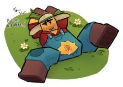 blocky_body grass hat leaking_pussy legs_spread looking_at_viewer lying_on_back lying_on_floor minigunner_(tds) pussy ripped_clothing roblox tied_hands tower_defense_simulator