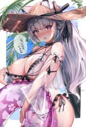 1girl :o absurdres animal_ears aruvina_(gu_luco) bare_shoulders bikini bikini_pull black_choker blush breasts brown_hat cat_ears choker cleavage clothes_pull cowboy_shot ears_through_headwear embarrassed floral_print frilled_bikini frills grey_hair groin gu_luco hat highleg highleg_bikini highres innertube lactation large_breasts long_hair looking_at_viewer nipples nose_blush original parted_lips pink_eyes ponytail see-through_clothes side-tie_bikini_bottom solo speech_bubble straw_hat sweatdrop swim_ring swimsuit thighs transparent white_bikini