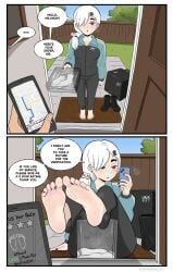 1girls barefoot best_feet black_nail_polish black_toenail_polish boots_removed cellphone comic cute_feet cute_female_feet delivery_(commerce) delivery_employee delivery_girl delivery_uniform dialogue dialogue_bubble dirty_socks eyebags feet feet_up female_focus foot_fetish foot_fetish_validation foot_focus foot_play foot_worship freckles funny hair_ornament highres oc original_character piercings presenting_feet purple_eyes sexy_feet showing_feet smelly_feet smelly_socks sock_fetish socks_removed soles soles_fetish steaming_feet sweaty_feet taking_picture taterdouce tired_eyes toes white_hair