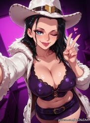 1girl 2026 ;p ai_generated anime belt belt_buckle black_hair blue_eyes blush boobs breasts buckle cleavage coat collarbone covered_nipples cowboy_hat cowboy_shot crop_top crossover eye_contact eyelashes female female_focus fingernails flushed fur_trim hat heart heart-shaped_pupils highres huge_breasts large_breasts long_hair long_sleeves looking_at_viewer makeup midriff miniskirt navel nico_robin nsfw one_eye_closed one_piece open_clothes open_coat outstretched_arm patreon patreon_logo patreon_username reaching_towards_viewer rognezart selfie shiny shiny_skin skirt smile smiling solo stomach symbol-shaped_pupils tongue tongue_out v very_long_hair white_coat white_headwear
