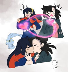 body_swap bodysuit carmine_(pokemon) choker dark_hair female_only huge_breasts kissing making_out manaphy marnie_(pokemon) onat petite pokemon pokemon_sv pokemon_swsh shocked thick_thighs yuri