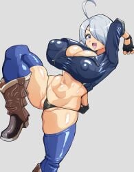 1girls angel_(kof) big_breasts blue_eyes castro_503_(artist) castro__503 castro__503_(artist) fat_mons gyaru huge_breasts king_of_fighters light-skinned_female light_skin pale-skinned_female pale_skin panties pussy short_hair thick tight_pussy white_hair
