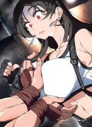 1boy 1boy1girl 1girls 2d_(artwork) big_breasts breast_grab capcom couple crossover crossover_pairing earrings female fighter final_fantasy final_fantasy_vii grabbing_another's_breast hadouken hero heroine huge_breasts light-skinned_male light_skin long_hair male male/female mischievous red_eyes ryu_(street_fighter) shocked_expression square_enix street_fighter surprised tank_top teacher_and_student teaching tifa_lockhart touching_breast touniyuu training unseen_male_face waitress