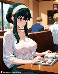 1girls 2boys ai_generated book breasts cafe casual casual_nudity cleavage encoder female hair_ornament indoors male nipples no_bra public public_exposure public_nudity reading reading_book see-through see-through_clothing sitting spy_x_family t-shirt table window yor_briar yor_forger