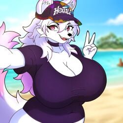 1:1 1girls 2026 2d 2d_(artwork) anthro anthro_female beach big_breasts black_choker black_shirt blue_sky bottomless bottomless_female cleavage digital_drawing_(artwork) digital_media digital_media_(artwork) eyebrows eyelashes furry furry_ears furry_female furry_tail hexi_(hextali) hextali hi_res large_breasts long_hair multicolored_hair ocean original original_character red_eyes seductive shaded watermark white_body white_fur white_skin wide_hips wolf wolf_ears wolf_girl