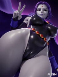 1girls ai_generated bare_hips belt black_leotard breasts bridal_gauntlets cameltoe cape colored_skin covered_nipples dc forehead_jewel from_below grey_skin highleg highleg_leotard large_breasts leotard lips looking_at_viewer looking_down makeup pein purple_eyes purple_hair purple_lips raven_(dc) short_hair smile solo stable_diffusion teen_titans thick_thighs thighs v