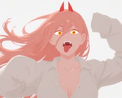 +_+ 1girl ai_assisted breasts chainsaw_man cleavage collarbone collared_shirt demon_horns fangs hair_between_eyes horns large_breasts long_hair long_sleeves looking_at_viewer medium_breasts open_mouth orange_eyes partially_unbuttoned pink_hair power_(chainsaw_man) rawr69 red_horns sharp_teeth shirt simple_background sleeves_past_fingers sleeves_past_wrists solo symbol-shaped_pupils teeth tongue tongue_out upper_body white_background white_shirt yellow_eyes