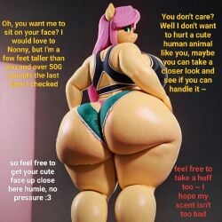 1girls aged_up ai_generated anthro anthro_female ass ass_focus bbw big_ass caption cellulite cellulite_ass daballsman dialogue dumptruck_ass english_dialogue equine fat_ass female female_only fluttershy_(mlp) friendship_is_magic furry furry_female goon_caption green_panties hasbro horse horse_girl huge_ass illustrious_(stable_diffusion) imminent_facesitting imminent_oral large_ass larger_female mature_female my_little_pony older_female panties presenting_hindquarters showing_off solo solo_female teasing teasing_viewer text wide_hips
