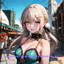 1girl, ai_generated anime art background, bare black blonde blush, blushing braid, building, choker, city, cleavage, cute cute_face day, eyes, flower flower_in_hair flower_ornament flowers, green green_eyes hair hair, honkai:_star_rail hsr illustration, lipstick low makeup ornament, outdoor, patreon pom qingque_(honkai:_star_rail) sexy shoulders, slutty_female small_breasts solo, style, sweat, sweaty, tie, town, twintails, url waifu waifuheaven waifuheaven_ai watermark