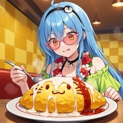 1girls ahoge ai_generated amber_eyes blue_hair blush choker cum cum_on_food glasses hair_ornament hispanic_virtual_youtuber hungry hungry_for_more hungry_mouth indie_virtual_youtuber latam_virtual_youtuber long_hair omurice spoon tagme_(character) virtual_youtuber