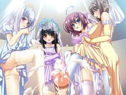 4girls aqua_eyes ass black_hair blush bottomless brown_hair feet footjob game_cg glasses goshujinsama_daisuki ichijou_ema kuu_spitfire legwear multiple_footjob multiple_girls murakumo_sakura red_eyes shishiouin_hime stockings thighhighs wedding_dress yatsuha_kanan