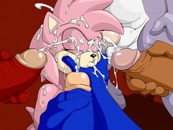 amy_rose anthro aval0nx balls closed_eyes cum cum_on_face cumshot echidna erection female fur group_sex hair hedgehog knuckles_the_echidna male mammal masturbation monotreme orgasm penis pink_hair sega sex sonic_(series) sonic_the_hedgehog straight