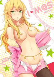 ahoge belly_chain blonde_hair breasts cool_&_sexy_(idolmaster) female fishnets green_eyes hair_over_breasts hoshii_miki idolmaster long_hair looking_at_viewer midriff mound_of_venus navel panties pantyhose prime prime_(karoki) solo topless underwear white_panties