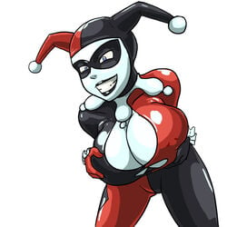 1girls batman:_the_animated_series batman_(series) breast_hold cleavage cleavage_cutout clenched_teeth clown costume dc dc_comics dcau evil_grin female female_only grin happy harley_quinn harley_quinn_(classic) huge_breasts human large_breasts mask mega_milk nonude oppai smile solo white_background