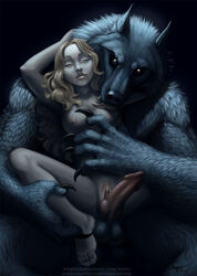 2013 anatomically_correct anthro balls blonde_hair blue_fur breasts canine canine_penis clitoral_hood closed_eyes female from_behind fur furry hair human human_on_anthro knot licking lycan male myenia nude penis pubes pussy sex straight tongue werewolf wolf