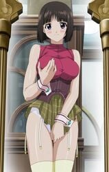 00s 2000s 2008 aged_up black_hair blush bob_cut breast_grab clothed clothing garter_belt high_res official_art oppai panties rosario+vampire screen_capture screencap sendo_yukari short_hair sleeveless thighhighs wrist_cuffs