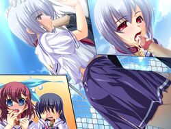 3girls black_hair blush cloud fellatio fence game_cg goshujinsama_daisuki kuu_spitfire maid_headdress multiple_girls murakumo_sakura oral penis red_eyes red_hair school_uniform shishiouin_hime short_hair silver_hair sky