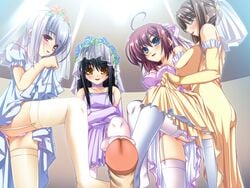 1boy 4girls aqua_eyes ass black_hair blush bottomless brown_hair feet footjob game_cg glasses goshujinsama_daisuki ichijou_ema kuu_spitfire legwear multiple_footjob multiple_girls murakumo_sakura no_shoes red_eyes shishiouin_hime thighhighs wedding_dress yatsuha_kanan