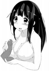 blush breasts chitanda_eru cleavage female hyouka long_hair monochrome penis simple_background terazip testicles white_background