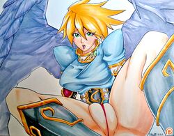 belt blonde_hair blush breasts breath_of_fire breath_of_fire_ii clothing fat_mons green_eyes jewelry nina_(breath_of_fire_ii) panties pillowds pussy thong wings