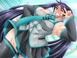 bandaid black_hair complets detached_sleeves hatsune_miku_(cosplay) long_hair miniskirt muscle muscles navel necktie purple_eyes skirt smile tanline thighhighs tied_hair twintails v very_long_hair vocaloid wink