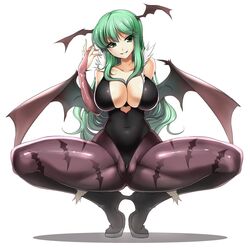 bare_shoulders bat_wings breasts bridal_gauntlets cameltoe cleavage clothing darkstalkers demon_girl female green_eyes green_hair head_wings kazutani_ninshi large_breasts leotard long_hair looking_at_viewer morrigan_aensland pantyhose print_pantyhose smile solo spread_legs squatting succubus wedgie white_background wings