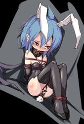 animal_ear arms_behind_back ball_gag bat_wings blue_hair blush bondage bound_ankles breast_bondage breasts bunny_ear bunny_girl bunny_tail bunnysuit buttplug buttplug_tail censored collar crotchless_clothes cute_fang female gag gagged high_heels kemonomimi_mode nose_blush noya_makoto pussy red_eyes remilia_scarlet rope shoes short_hair sitting sketch slave solo tail thighhighs touhou wings