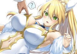 artoria_pendragon artoria_pendragon_(lancer) artoria_pendragon_(swimsuit_ruler) blonde_hair blush bunny_ears bunny_girl bunnysuit fate/grand_order fate_(series) female green_eyes large_breasts long_hair male neneko113 ponytail servant_(fate) straight