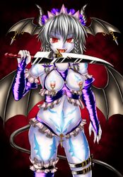 braid breastless_clothes breasts bridal_gauntlets clitoris_piercing clitoris_ring corset cute_fang dark_persona darknebula-hoshimaru demon_girl demon_tail detached_sleeves female head_wings knife maid_headdress nipple_piercing piercing red_eyes sakuya_izayoi solo succubus tail touhou twin_braids wing_piercing