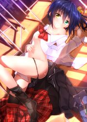 blush chuunibyou_demo_koi_ga_shitai! female heterochromia highres no_bra open_clothes open_shirt panties panty_pull plaid_skirt school_uniform short_hair solo swordsouls takanashi_rikka thighhighs underwear undressing