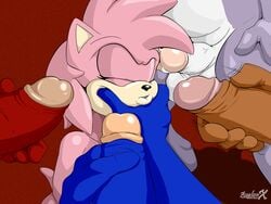 amy_rose anthro aval0nx balls closed_eyes echidna erection female fur group_sex hair hedgehog knuckles_the_echidna male mammal masturbation monotreme penis pink_hair sega sex sonic_(series) sonic_the_hedgehog straight