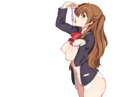 breasts brown_eyes brown_hair chuunibyou_demo_koi_ga_shitai! cum haruhisky nibutani_shinka nipples no_bra nopan open_clothes open_shirt pubic_hair seifuku shirt white_background