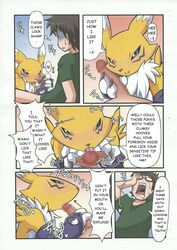 blue_eyes blush canine censored chest_tuft digimon drooling elbow_gloves fellatio female fox fur gloves human male oral oral_sex penis rapid-rabbit renamon saliva sex sweat uncut