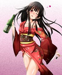 07th_expansion bangs bare_shoulders black_hair blunt_bangs blush bottle breasts chaba_(cyazuke) cleavage drunk female female_only japanese_clothes kimono long_hair looking_at_viewer lucifer_(umineko) no_panties obi open_mouth pussy red_eyes sake saliva smile solo stakes_of_purgatory umineko_no_naku_koro_ni wide_sleeves wink