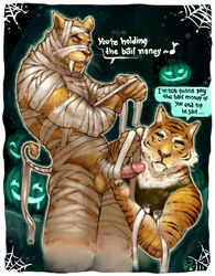 2boys anthro erection feline fur furry furry_only gay halloween holidays humor jack-o'-lantern male male_only mummy mummy_costume muscles penis pockyrumz pumpkin sleeveless_shirt smilodon tiger undead yaoi