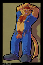 anthro arms_behind_head balls biceps chance_furlong chest_tuft clothing dredd_(artist) feline fur furry furry_only hat looking_at_viewer male male_only muscles penis pubes smirk solo stripes swat_kats t-bone uncut undressing