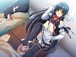 black_hair collar cum cum_on_body cum_on_clothes cum_on_lower_body feet female femdom footjob game_cg goshujinsama_daisuki legwear maid no_shoes panties penis shishiouin_hime skirt thighhighs toes underwear yatsuha_kanan yellow_eyes