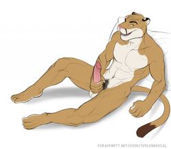 1boy abs anthro balls barbs biceps cougar erection feline fur furry hair looking_at_viewer lying male male_only muscles nude open_mouth pecs penis pillow solo spelunker_sal yellow_eyes