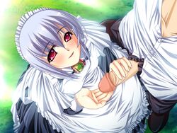 blush collar cum female game_cg goshujinsama_daisuki handjob kuu_spitfire maid penis red_eyes short_hair silver_hair smile