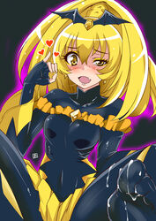 aoi_manabu bad_end_peace bad_end_precure blonde_hair blush bodysuit breasts clothing cum cum_on_body cum_on_clothes cum_on_lower_body dark_magical_girl dark_persona female fingerless_gloves gloves heart long_hair magical_girl precure pretty_cure small_breasts smile_precure solo tiara yellow_eyes