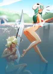 2girls arrancar artist_name ass assisted_exposure barefoot bikini bleach blonde_hair blue_nails blue_sky bottomless breasts clothes clothes_thief colored dark-skinned_female dark_skin enf espada facial_mark feet female female_only gairon green_eyes green_hair large_breasts long_hair multiple_girls nail_polish navel nelliel_tu_odelschwanck nipples no_panties nude outdoors parasol partially_submerged pool short_hair shushing skull sky soles stolen_bikini stolen_swimsuit submerged surprised swimsuit swimsuit_thief sword theft tia_harribel toes umbrella underwater water watermark weapon