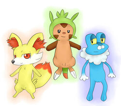 2013 blue blue_body canine chespin female fennec fennekin feral fox froakie frog hair looking_at_viewer nintendo plain_background pokemon pokemon_(species) pussy video_games white_background zekromlover