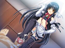 black_hair collar cum cum_on_body cum_on_clothes cum_on_lower_body feet female femdom footjob game_cg goshujinsama_daisuki legwear maid panties penis shishiouin_hime skirt thighhighs underwear yatsuha_kanan yellow_eyes