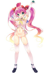 arm_up ass bare_shoulders blush bow breasts cameltoe character_request copyright_request elbow_gloves erect_nipples female gloves green_eyes hair_ornament hairbow high_heels highres long_hair looking_at_viewer maebari navel open_mouth pink_hair sailor_collar shoes show_(rinnetenshow) smile solo strapless_bottom strapless_panties thighhighs tied_hair twintails underwear v very_long_hair white_legwear