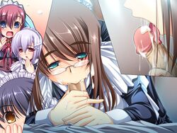 4girls aqua_eyes blush brown_hair fellatio game_cg glasses goshujinsama_daisuki ichijou_ema kuu_spitfire maid multiple_girls murakumo_sakura oral penis shishiouin_hime yatsuha_kanan