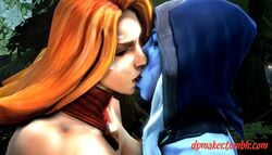 2girls 3d animated blue_skin closed_eyes collar detached_collar dota dota_2 dpmaker drow_ranger earrings female forest freckles hood interspecies kissing lina long_hair multiple_girls outdoors source_filmmaker tongue white_hair yuri