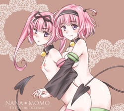 2girls breast_press breasts detached_sleeves female flat_chest hairband hand_holding hug hug_from_behind momo_velia_deviluke multiple_girls nana_asta_deviluke navel nipples nude pink_hair purple_eyes ribbon short_hair siblings sisters tail thighhighs to_love-ru to_love-ru_darkness twins yajou_hirarin yuri