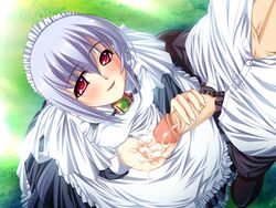 blush collar cum female game_cg goshujinsama_daisuki handjob kuu_spitfire maid penis red_eyes short_hair silver_hair smile