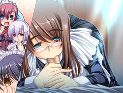 4girls aqua_eyes blush brown_hair fellatio game_cg glasses goshujinsama_daisuki ichijou_ema kuu_spitfire maid multiple_girls murakumo_sakura oral penis shishiouin_hime yatsuha_kanan